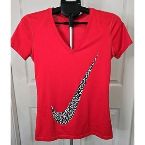 Nike Women's Small Dri-Fit Shirt Leopard Print Big Swoosh Short Sleeve Red